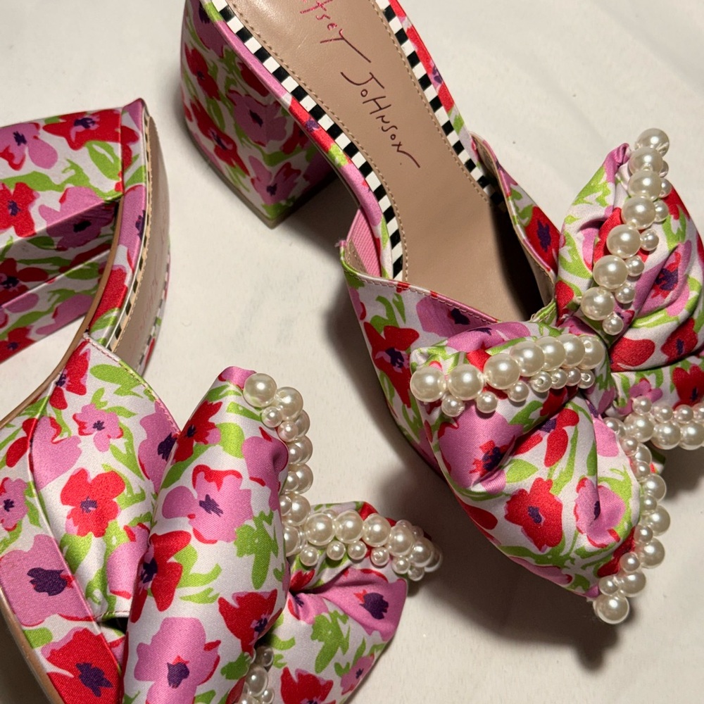 Betsey Johnson Pink and Red Platform Shoes with Floral and Pearl detailing
